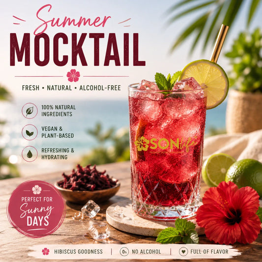 Refreshing alcohol-free hibiscus mocktail served over ice with lime and mint, set in a bright tropical summer scene. Natural ingredients, vibrant red color and fresh botanicals showcase a healthy, vegan and refreshing summer drink.