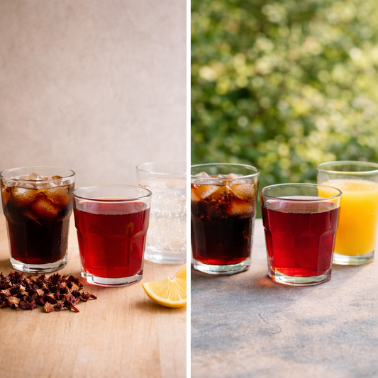 Comparaison de boissons naturelles alternatives aux sodas avec infusion hibiscus, eau pétillante et jus sur table