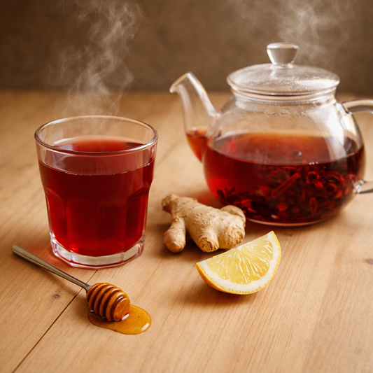 Infusion chaude d’hibiscus rouge dans un verre avec théière fumante, gingembre frais, citron et miel sur table en bois