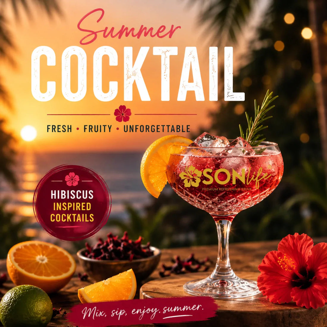 Summer cocktail with hibiscus-inspired flavors, served in an elegant glass with ice, citrus slices and fresh herbs. Tropical sunset atmosphere with hibiscus flowers and ingredients, highlighting refreshing summer cocktail recipes.